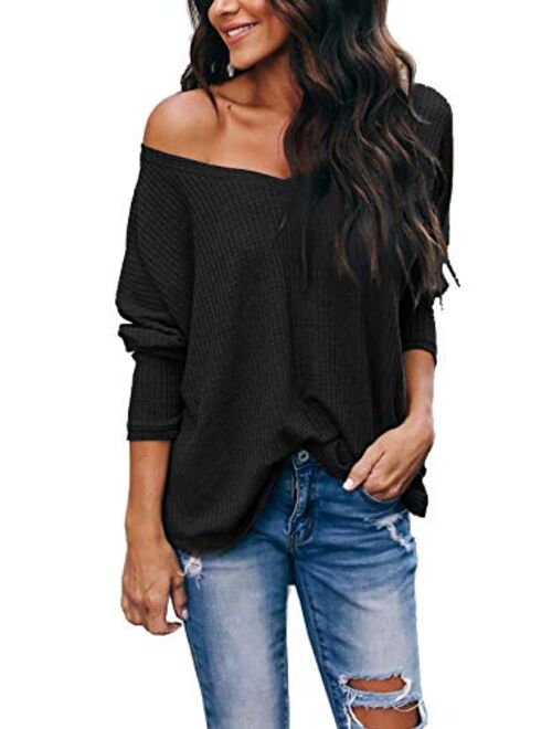 iGENJUN Women's Casual V-Neck Off-Shoulder Batwing Sleeve Pullover Sweater Tops