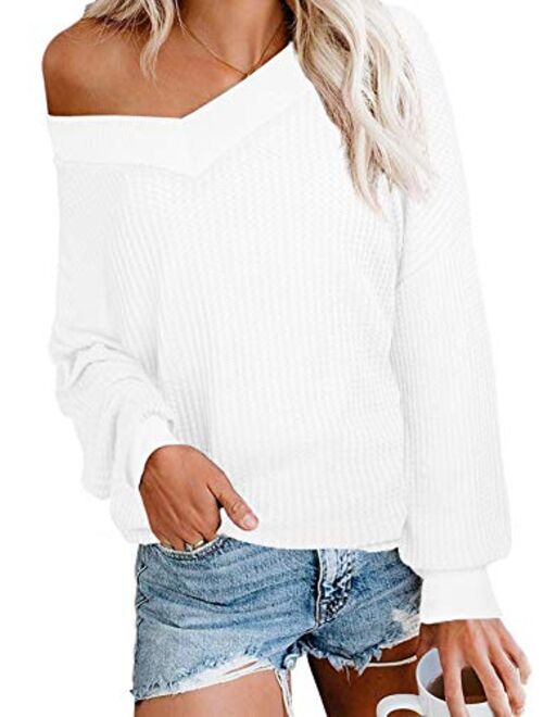 iGENJUN Women's Casual V-Neck Off-Shoulder Batwing Sleeve Pullover Sweater Tops