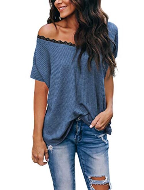 iGENJUN Women's Casual V-Neck Off-Shoulder Batwing Sleeve Pullover Sweater Tops