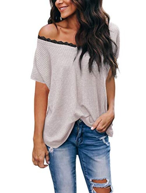 iGENJUN Women's Casual V-Neck Off-Shoulder Batwing Sleeve Pullover Sweater Tops