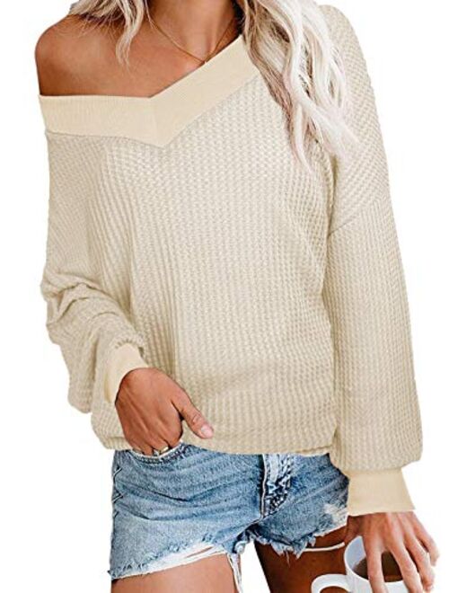 iGENJUN Women's Casual V-Neck Off-Shoulder Batwing Sleeve Pullover Sweater Tops