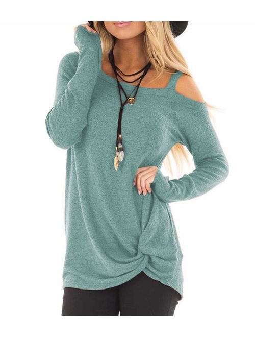 ZILIN Women's Cold Shoulder Casual Solid T-Shirt Knot Twist Front Tunic Blouse Tops