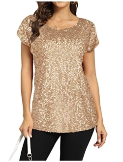 Women's Sequin Top Shimmer Glitter Loose Bat Sleeve Party Tunic Tops