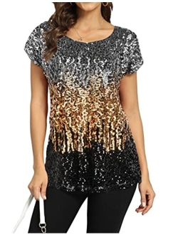 Women's Sequin Top Shimmer Glitter Loose Bat Sleeve Party Tunic Tops