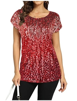 Women's Sequin Top Shimmer Glitter Loose Bat Sleeve Party Tunic Tops