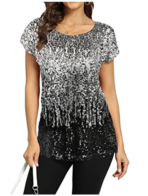 PrettyGuide Women's Sequin Top Shimmer Glitter Loose Bat Sleeve Party Tunic Tops