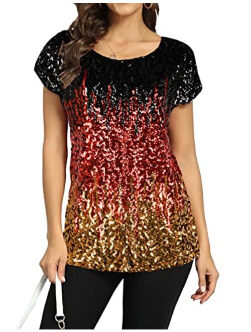 PrettyGuide Women's Sequin Top Shimmer Glitter Loose Bat Sleeve Party Tunic Tops