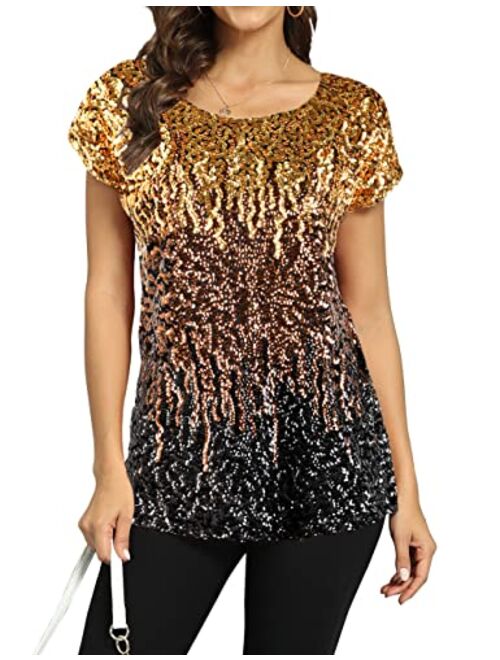 PrettyGuide Women's Sequin Top Shimmer Glitter Loose Bat Sleeve Party Tunic Tops