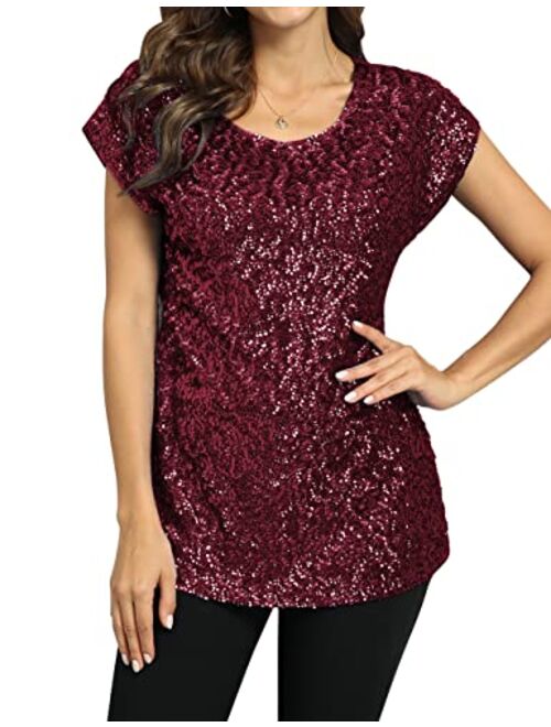 PrettyGuide Women's Sequin Top Shimmer Glitter Loose Bat Sleeve Party Tunic Tops