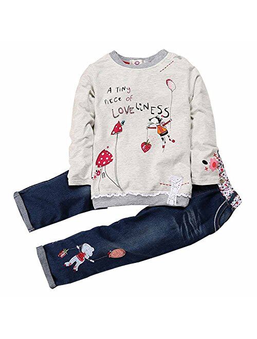 Kids Tales Little Girl's Long Sleeve Cartoon Pullover Shirt and Jeans Pants Outfit Set