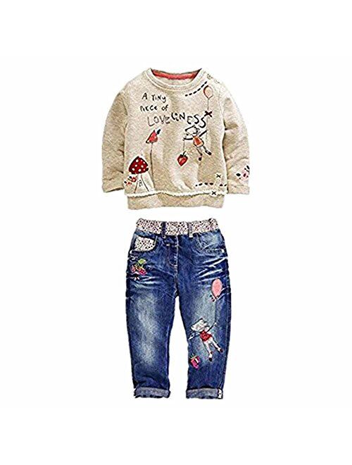 Kids Tales Little Girl's Long Sleeve Cartoon Pullover Shirt and Jeans Pants Outfit Set