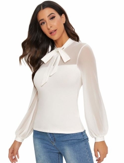 Women's Tie Neck Sheer Contrast Mesh Long Sleeve Sexy Blouse Top