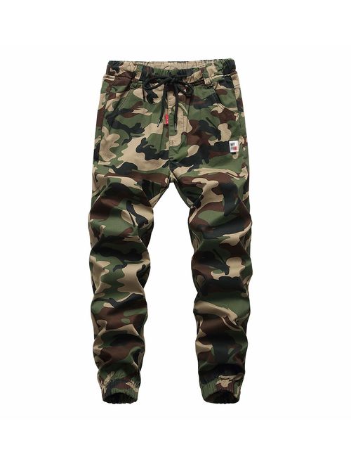 LOKTARC Boys Pull On Drawstring Jogger Pants Camo Print Cuff Jogging Bottoms