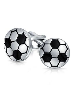 Soccer Football Sports Coach Black Cufflinks For Men Shirt Cuff Links Hinge Back Silver Tone Brass Steel Enamel