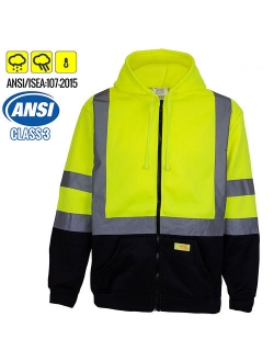 Men's ANSI Class 3 High Visibility Sweatshirt, Full Zip Hooded, Lightweight, Black Bottom - Orange / Extra Large