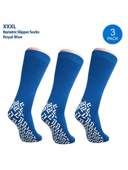 Pack of 3 Pairs - XXXL Non-Skid Bariatric Extra Wide Slipper Socks for People with Diabetes & Edema (Royal Blue)