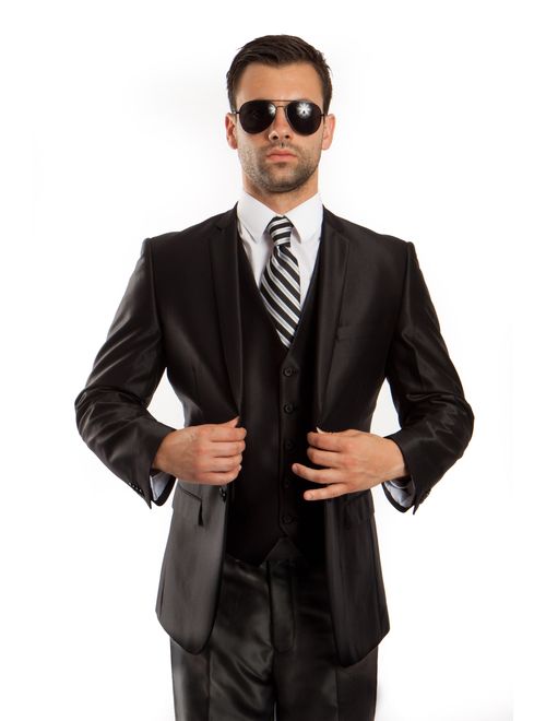 Mens Suit Two Piece Solid Notch Lapel Set With Free Matching Vest