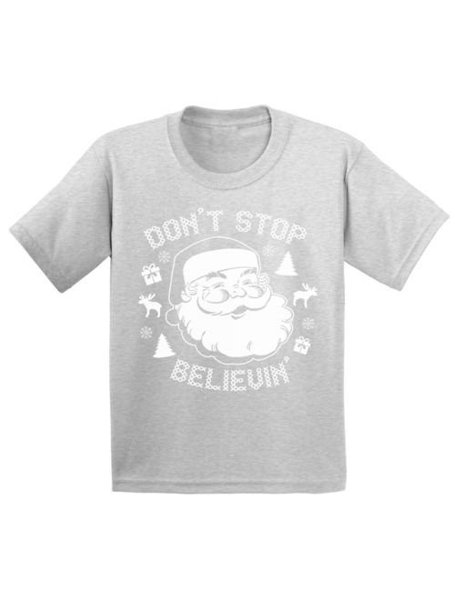 Awkward Styles Don't Stop Believin' Christmas Shirts for Kids Santa Claus Funny Kid's Christmas Holiday Shirt Christmas Gifts for Kids Don't Stop Believin' Santa Youth Xm