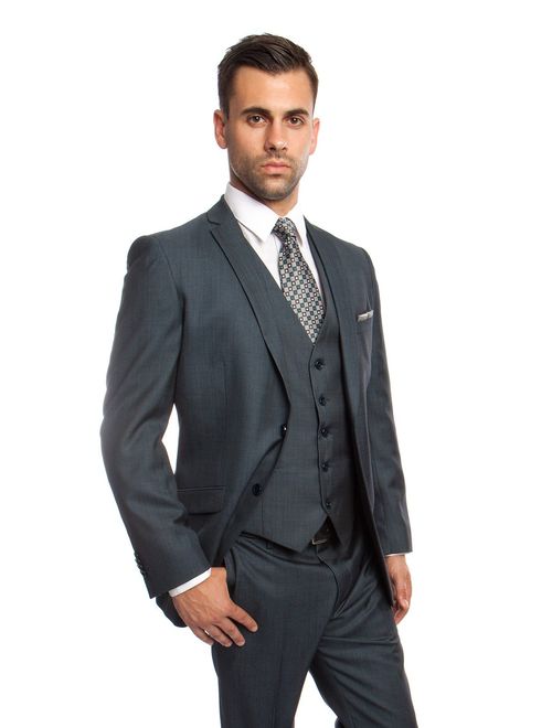 Mens Two Piece Textured Solid Tuxedo Suit With Matching Vest & Free Socks