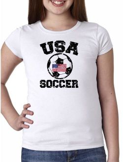 USA Soccer - with Large Soccer Ball & Flag - Olympic Girl's Cotton Youth T-Shirt