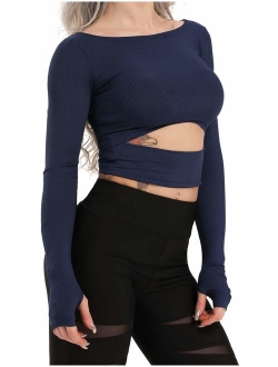 Women's Yoga Gym Crop Top Compression Workout Athletic Long Sleeve Shirt