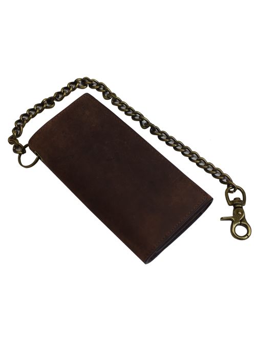 RFID Blocking Men's Biker Vintage Brown Genuine Leather Long Tri-fold Chain Wallet