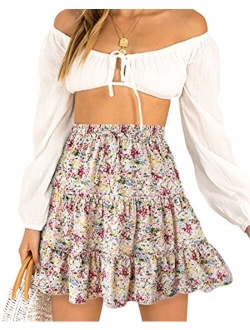 Alelly Women's Summer Cute High Waist Ruffle Skirt Floral Print Swing Beach Mini Skirt