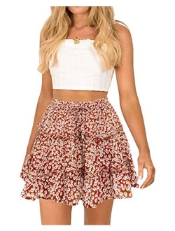 Alelly Women's Summer Cute High Waist Ruffle Skirt Floral Print Swing Beach Mini Skirt