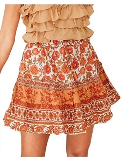 Alelly Women's Summer Cute High Waist Ruffle Skirt Floral Print Swing Beach Mini Skirt