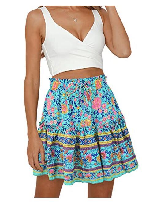 Alelly Women's Summer Cute High Waist Ruffle Skirt Floral Print Swing Beach Mini Skirt