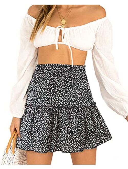 Alelly Women's Summer Cute High Waist Ruffle Skirt Floral Print Swing Beach Mini Skirt