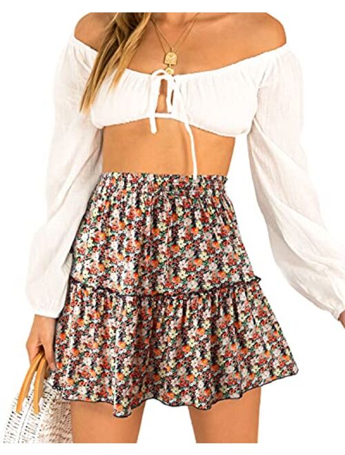 Alelly Women's Summer Cute High Waist Ruffle Skirt Floral Print Swing Beach Mini Skirt