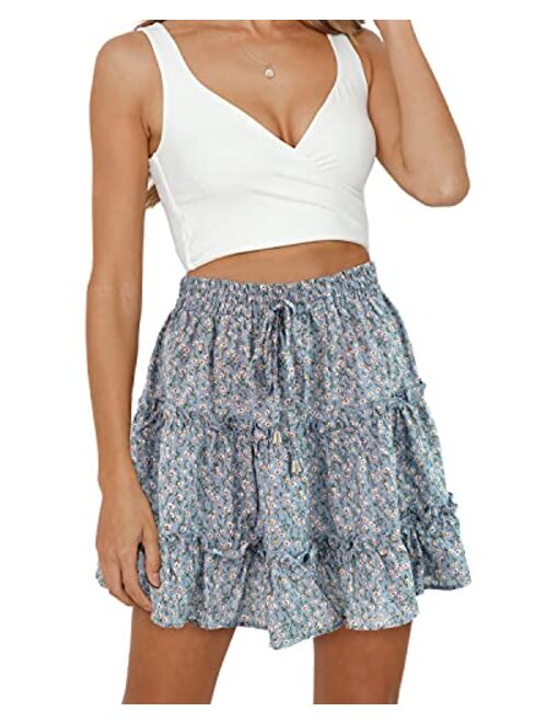 Alelly Women's Summer Cute High Waist Ruffle Skirt Floral Print Swing Beach Mini Skirt