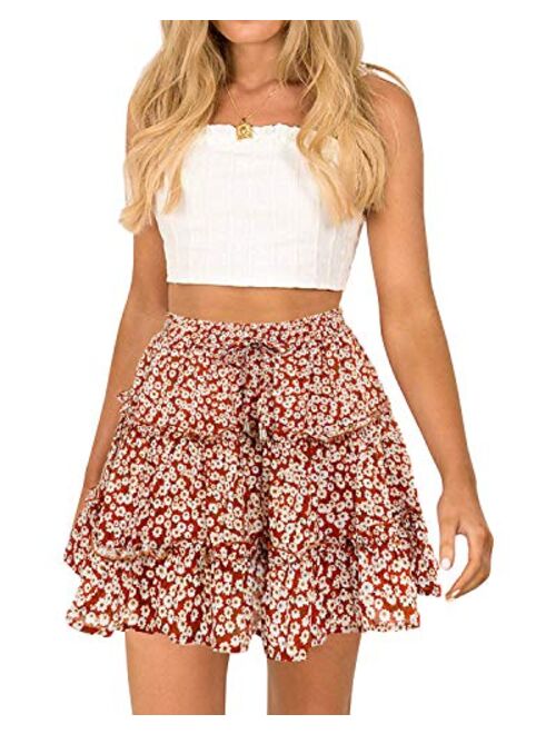 Alelly Women's Summer Cute High Waist Ruffle Skirt Floral Print Swing Beach Mini Skirt