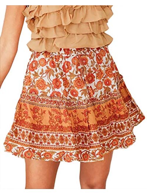 Alelly Women's Summer Cute High Waist Ruffle Skirt Floral Print Swing Beach Mini Skirt