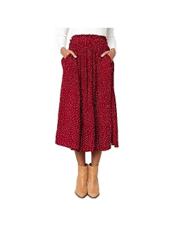 Exlura Womens High Waist Polka Dot Pleated Skirt Midi Swing Skirt with Pockets