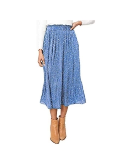 Exlura Womens High Waist Polka Dot Pleated Skirt Midi Swing Skirt with Pockets