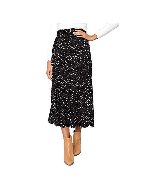 Exlura Womens High Waist Polka Dot Pleated Skirt Midi Swing Skirt with Pockets