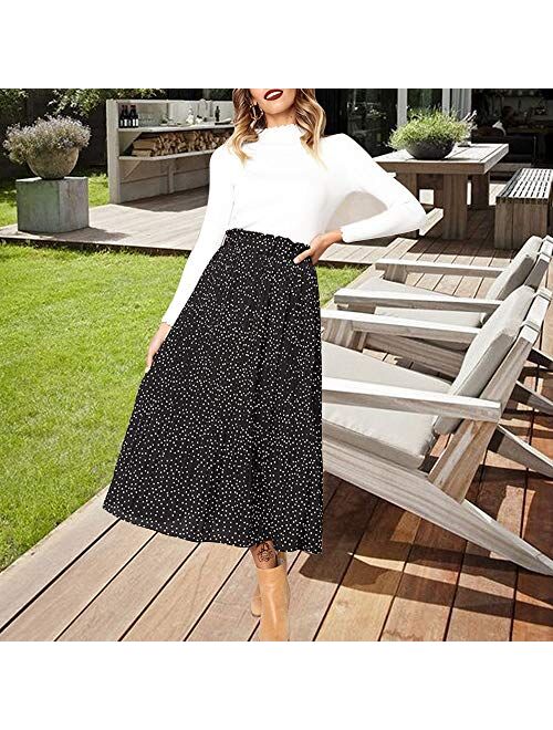 Exlura Womens High Waist Polka Dot Pleated Skirt Midi Swing Skirt with Pockets