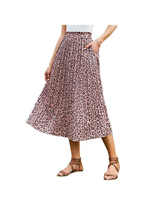 Exlura Womens High Waist Polka Dot Pleated Skirt Midi Swing Skirt with Pockets