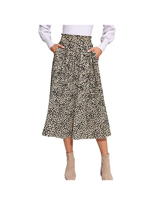 Exlura Womens High Waist Polka Dot Pleated Skirt Midi Swing Skirt with Pockets