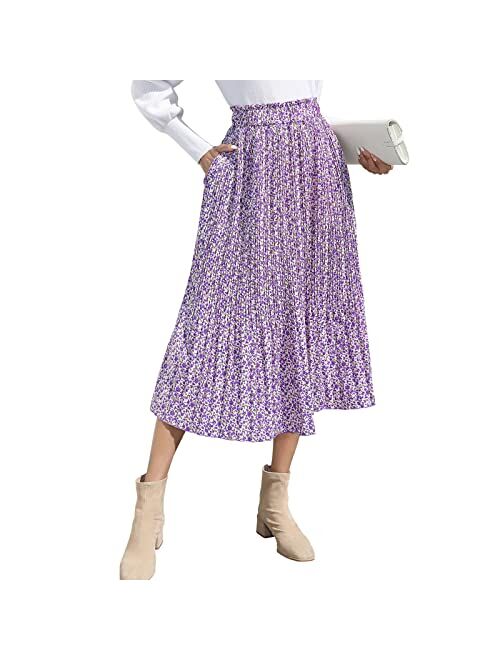 Exlura Womens High Waist Polka Dot Pleated Skirt Midi Swing Skirt with Pockets