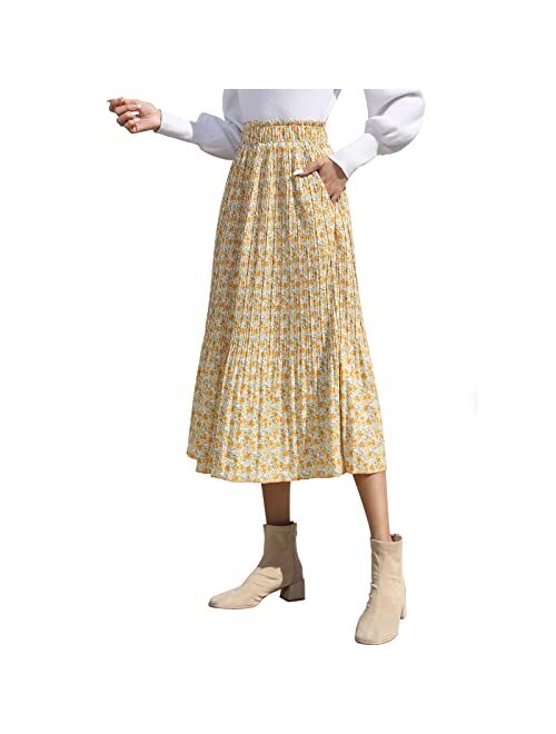 Exlura Womens High Waist Polka Dot Pleated Skirt Midi Swing Skirt with Pockets