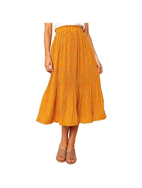 Exlura Womens High Waist Polka Dot Pleated Skirt Midi Swing Skirt with Pockets