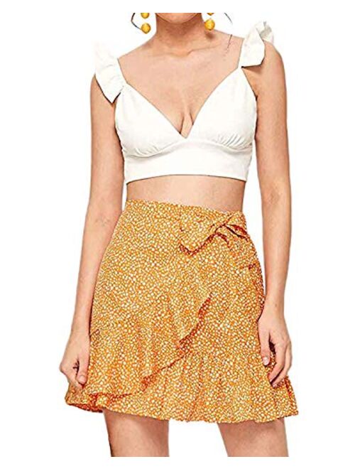 Salamola Women's Leopard Asymmetrical Ruffles High Waist Printed Cute Casual Mini Skirt