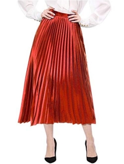 Women's Saint Patrick's Day Zip Closure Accordion Plisse Pleated Metallic Midi Skirt M Red