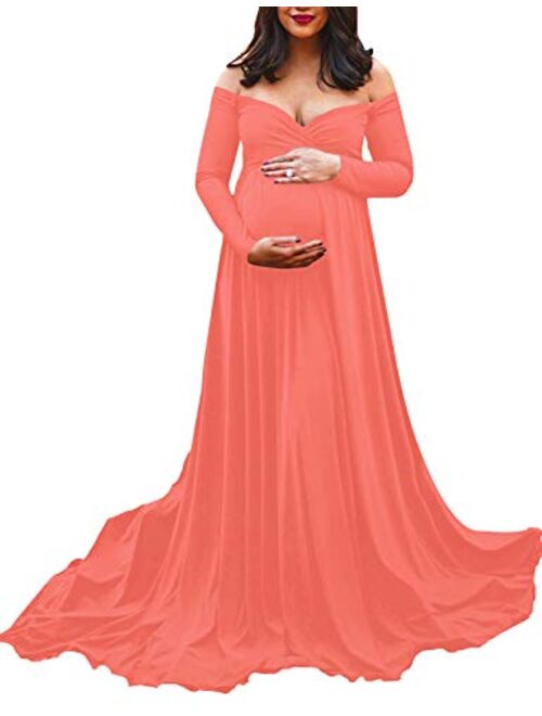 Saslax Maternity Off Shoulders Half Circle Gown for Baby Shower Photo Props Dress