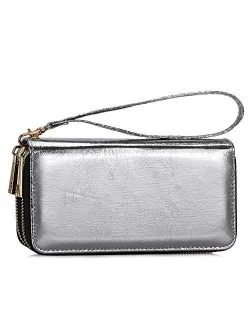 Double Zipper Long Clutch Wallet Cellphone Wallet for Women with Hand Strap for Card, Cash, Coin, Bill