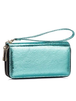 Double Zipper Long Clutch Wallet Cellphone Wallet for Women with Hand Strap for Card, Cash, Coin, Bill