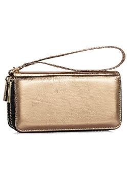 Double Zipper Long Clutch Wallet Cellphone Wallet for Women with Hand Strap for Card, Cash, Coin, Bill